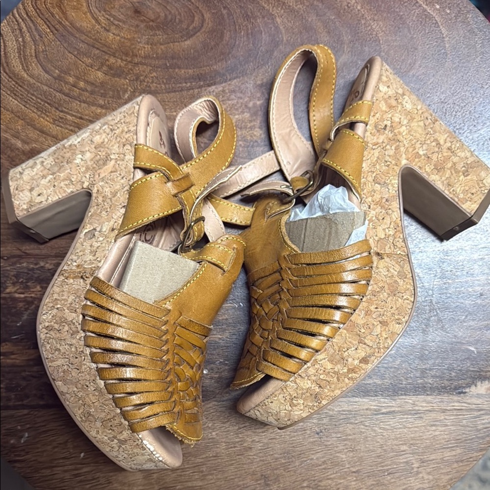 Tan Platform Sandals with Cork Wedge and Woven Design